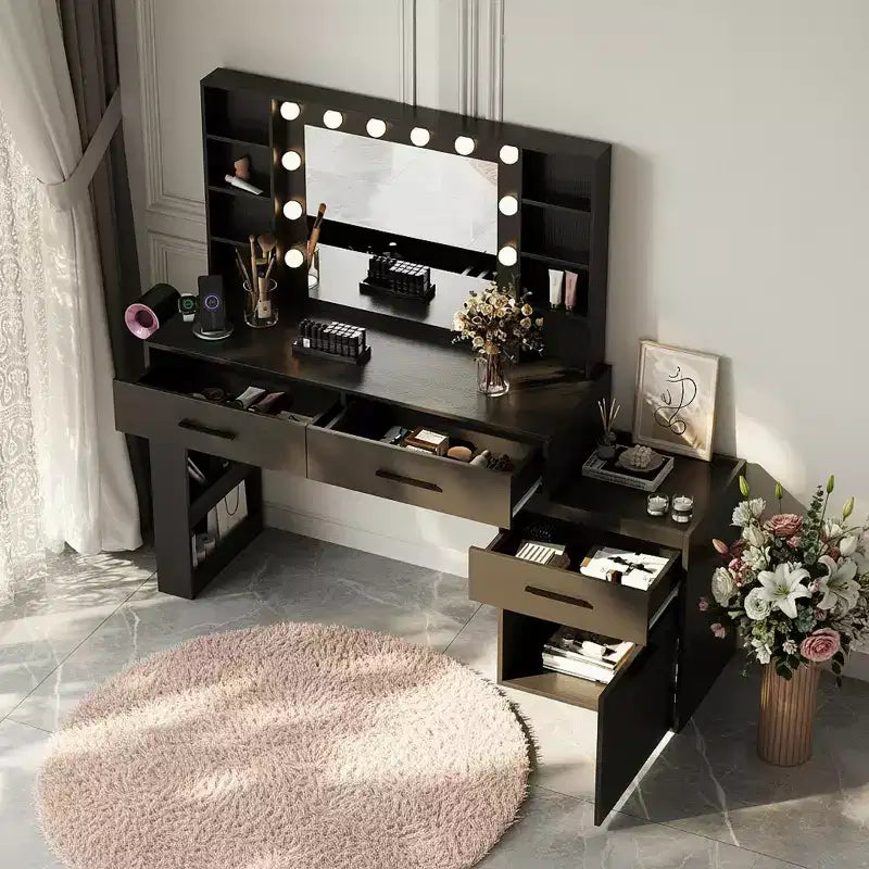 Coiffeuse Convertible 57, Grande Table de Maquillage avec Miroir LED 3 Couleurs, Prise d'Alimentation & Grand Rangement pour Chambre à Coucher