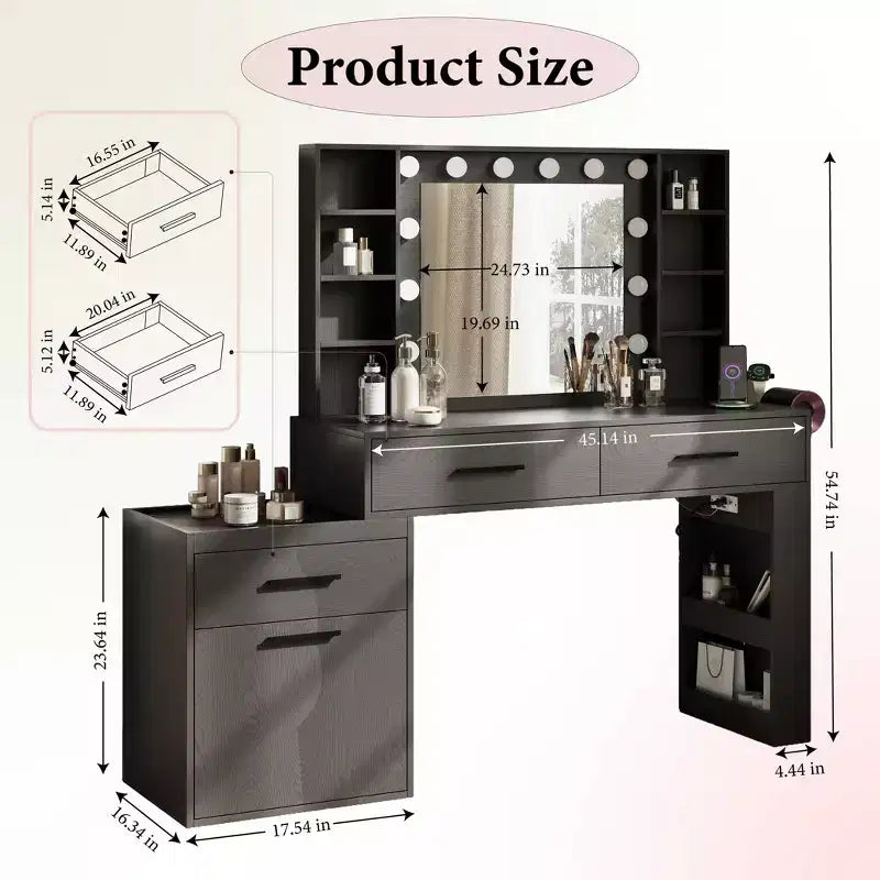 Coiffeuse Convertible 57, Grande Table de Maquillage avec Miroir LED 3 Couleurs, Prise d'Alimentation & Grand Rangement pour Chambre à Coucher
