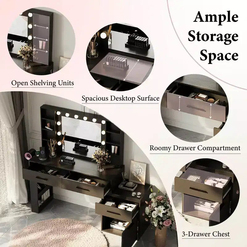 Coiffeuse Convertible 57, Grande Table de Maquillage avec Miroir LED 3 Couleurs, Prise d'Alimentation & Grand Rangement pour Chambre à Coucher