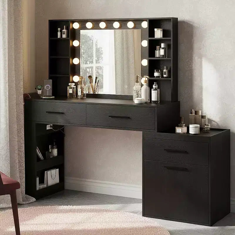 Coiffeuse Convertible 57, Grande Table de Maquillage avec Miroir LED 3 Couleurs, Prise d'Alimentation & Grand Rangement pour Chambre à Coucher