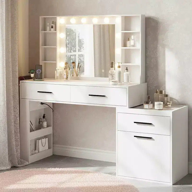 Coiffeuse Convertible 57, Grande Table de Maquillage avec Miroir LED 3 Couleurs, Prise d'Alimentation & Grand Rangement pour Chambre à Coucher