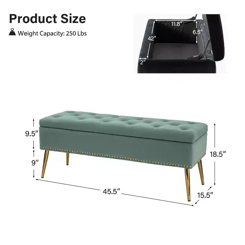 Banc de rangement capitonné avec garniture cloutée pour chambre à coucher | -NOIR