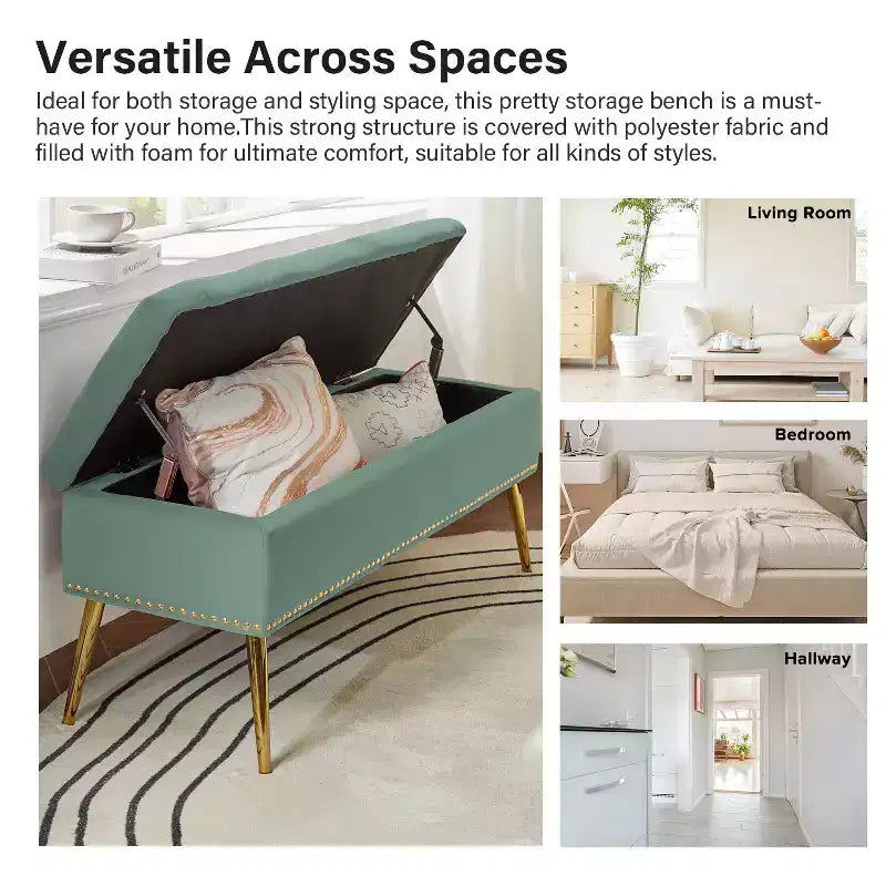 Banc de rangement capitonné avec garniture cloutée pour chambre à coucher | -NOIR