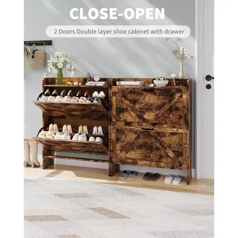 Meuble à chaussures étroit pour entrée avec 2 tiroirs basculants, étagère à chaussures fine autoportante, meuble à chaussures caché