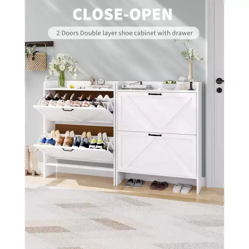 Meuble à chaussures étroit pour entrée avec 2 tiroirs basculants, étagère à chaussures fine autoportante, meuble à chaussures caché