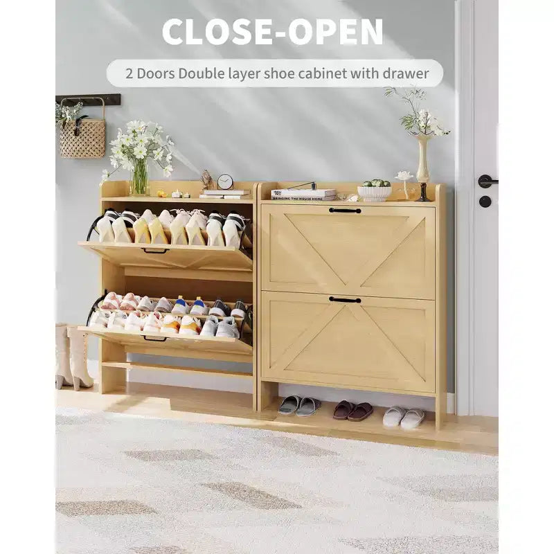 Meuble à chaussures étroit pour entrée avec 2 tiroirs basculants, étagère à chaussures fine autoportante, meuble à chaussures caché