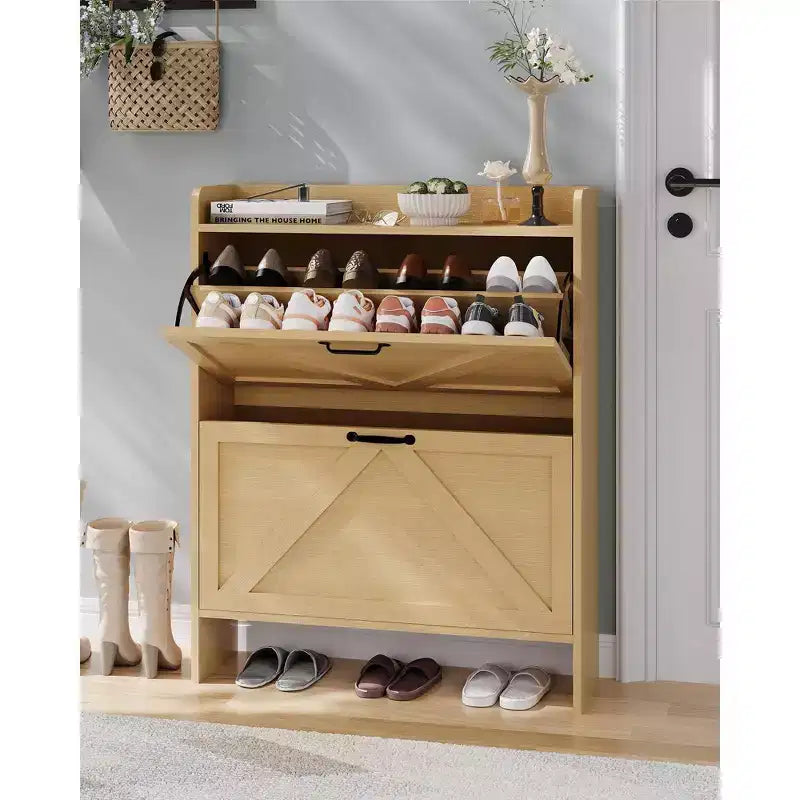 Meuble à chaussures étroit pour entrée avec 2 tiroirs basculants, étagère à chaussures fine autoportante, meuble à chaussures caché