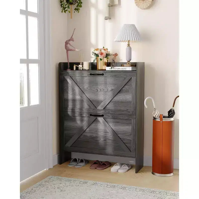 Meuble à chaussures étroit pour entrée avec 2 tiroirs basculants, étagère à chaussures fine autoportante, meuble à chaussures caché