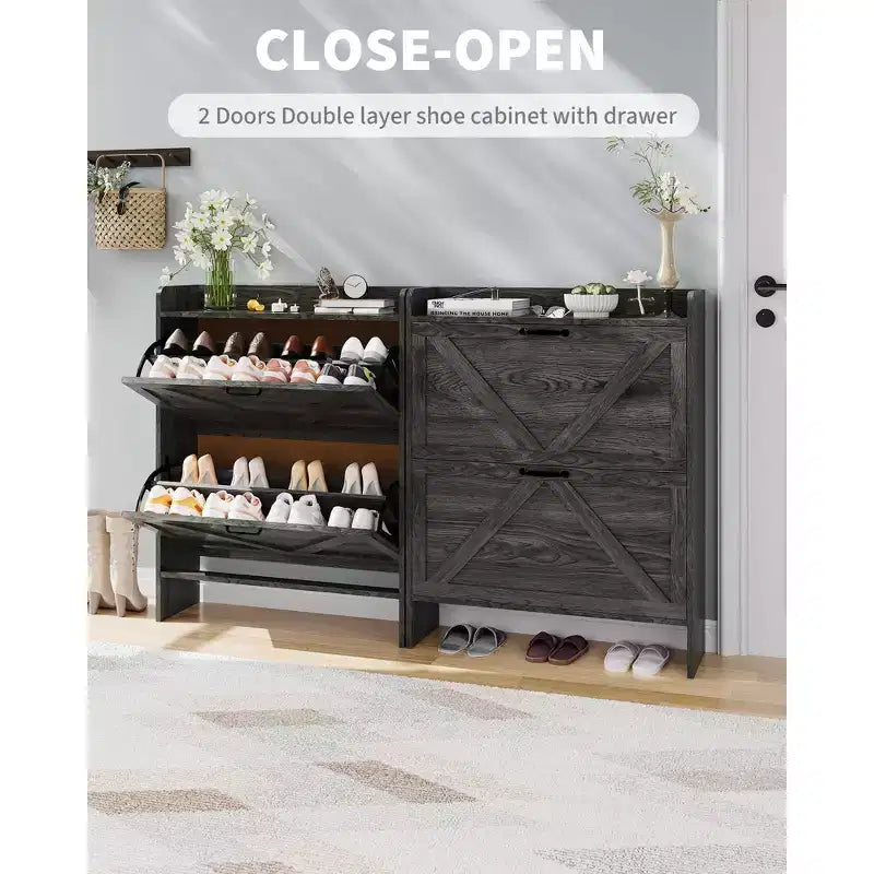 Meuble à chaussures étroit pour entrée avec 2 tiroirs basculants, étagère à chaussures fine autoportante, meuble à chaussures caché