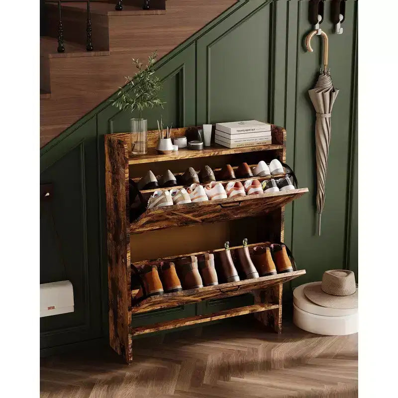 Meuble à chaussures étroit pour entrée avec 2 tiroirs basculants, étagère à chaussures fine autoportante, meuble à chaussures caché