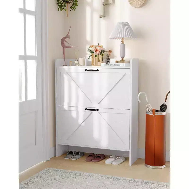 Meuble à chaussures étroit pour entrée avec 2 tiroirs basculants, étagère à chaussures fine autoportante, meuble à chaussures caché