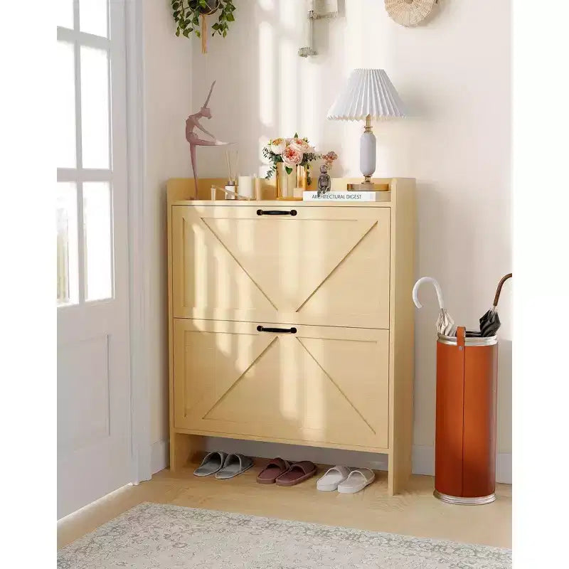 Meuble à chaussures étroit pour entrée avec 2 tiroirs basculants, étagère à chaussures fine autoportante, meuble à chaussures caché