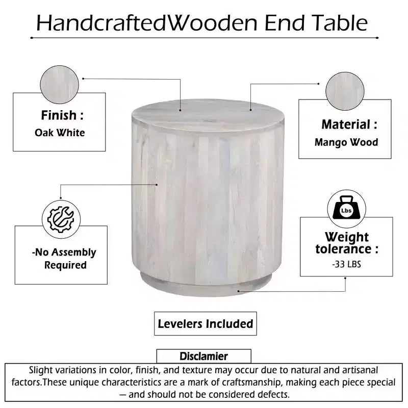 Table d'appoint, plateau rond de 50,8 cm, piédestal cylindrique, manguier blanc chêne