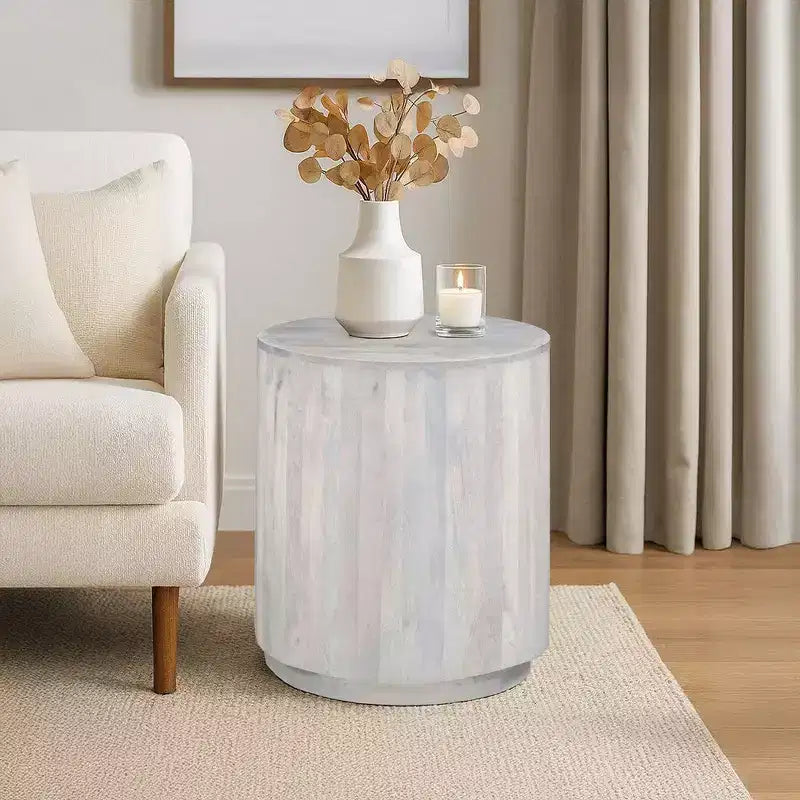 Table d'appoint, plateau rond de 50,8 cm, piédestal cylindrique, manguier blanc chêne