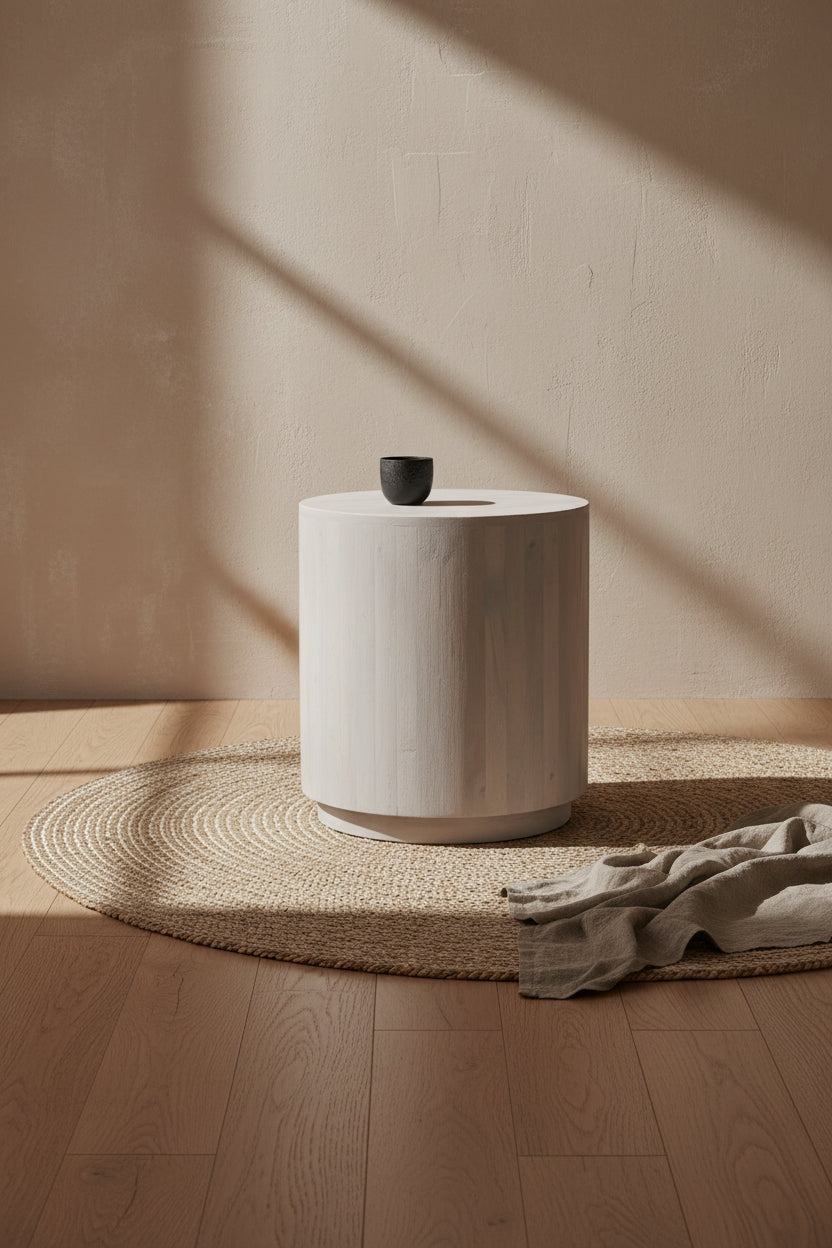 Table d'appoint, plateau rond de 50,8 cm, piédestal cylindrique, manguier blanc chêne