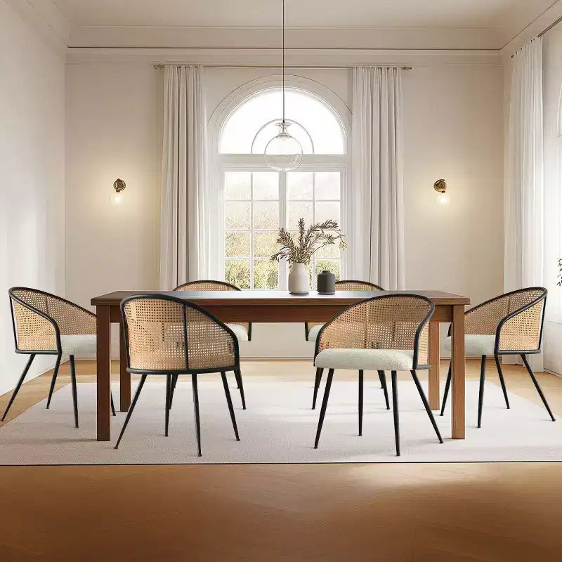 Chaises de salle à manger Fauteuils modernes rembourrés en bouclé avec dossier tissé et pieds en métal noir