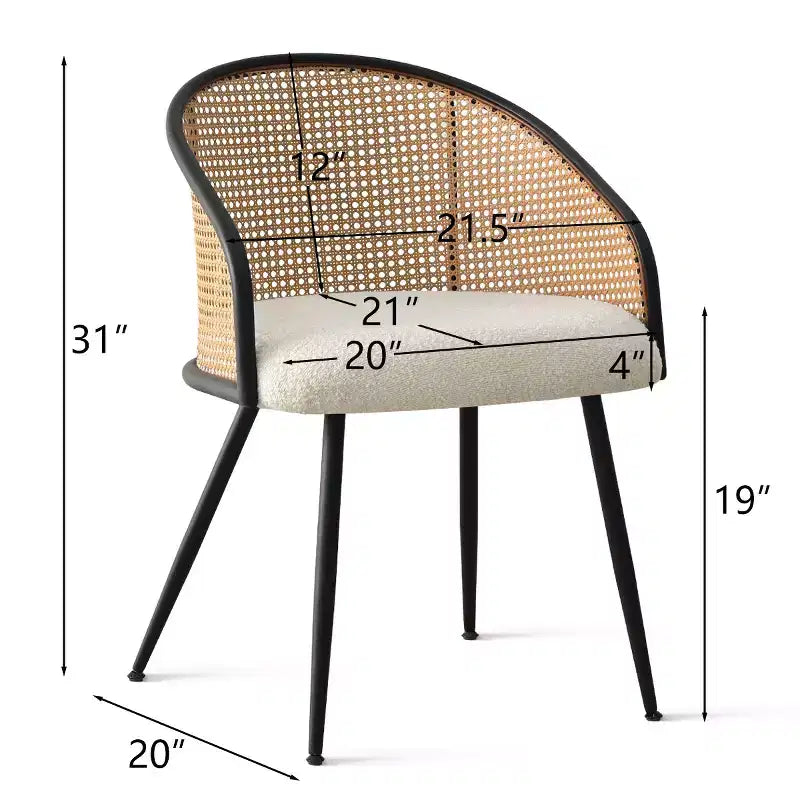 Chaises de salle à manger Fauteuils modernes rembourrés en bouclé avec dossier tissé et pieds en métal noir