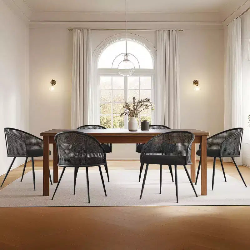 Chaises de salle à manger Fauteuils modernes rembourrés en bouclé avec dossier tissé et pieds en métal noir