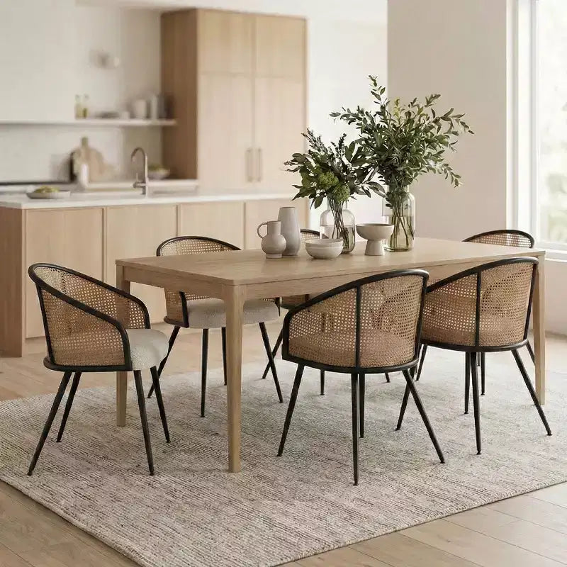 Chaises de salle à manger Fauteuils modernes rembourrés en bouclé avec dossier tissé et pieds en métal noir