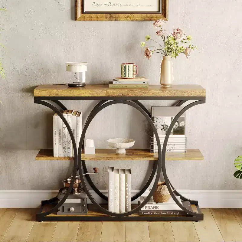 Table console étroite de 99 cm, table de canapé industrielle à 6 niveaux avec base métallique ronde et étagères de rangement, table d'entrée pour salon, couloir