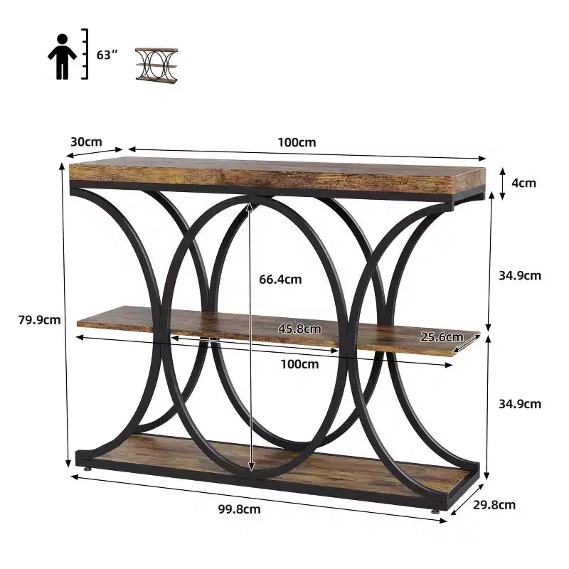 Table console étroite de 99 cm, table de canapé industrielle à 6 niveaux avec base métallique ronde et étagères de rangement, table d'entrée pour salon, couloir