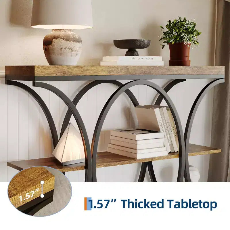 Table console étroite de 99 cm, table de canapé industrielle à 6 niveaux avec base métallique ronde et étagères de rangement, table d'entrée pour salon, couloir