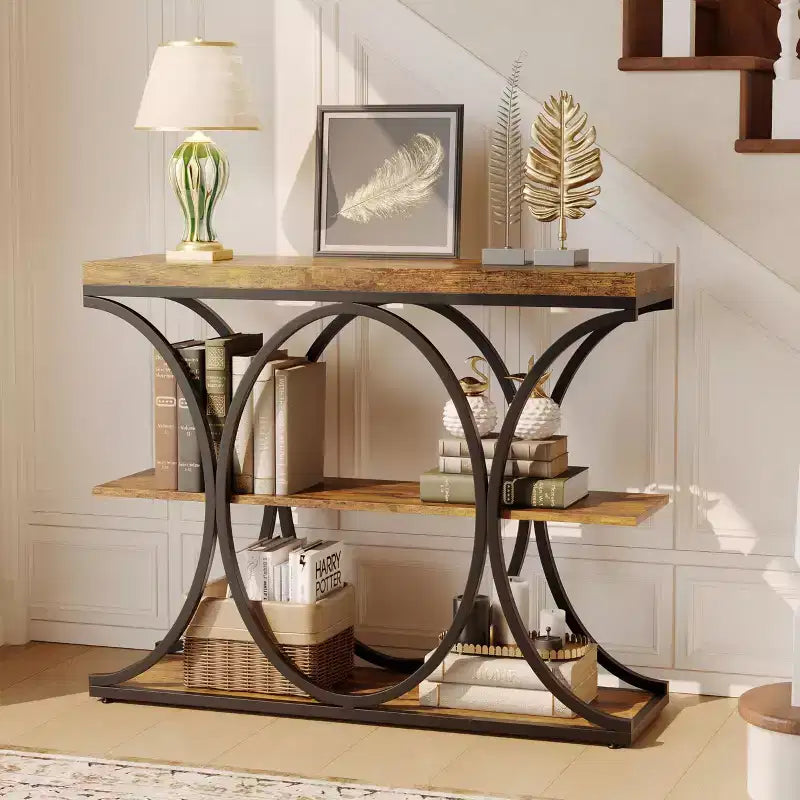 Table console étroite de 99 cm, table de canapé industrielle à 6 niveaux avec base métallique ronde et étagères de rangement, table d'entrée pour salon, couloir