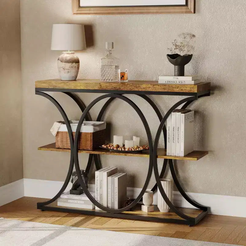 Table console étroite de 99 cm, table de canapé industrielle à 6 niveaux avec base métallique ronde et étagères de rangement, table d'entrée pour salon, couloir