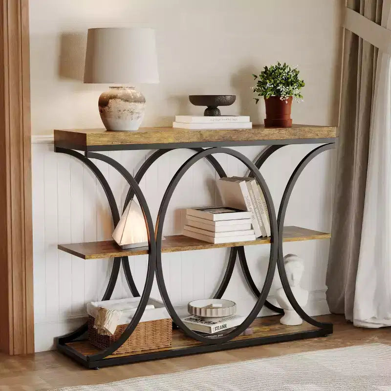 Table console étroite de 99 cm, table de canapé industrielle à 6 niveaux avec base métallique ronde et étagères de rangement, table d'entrée pour salon, couloir