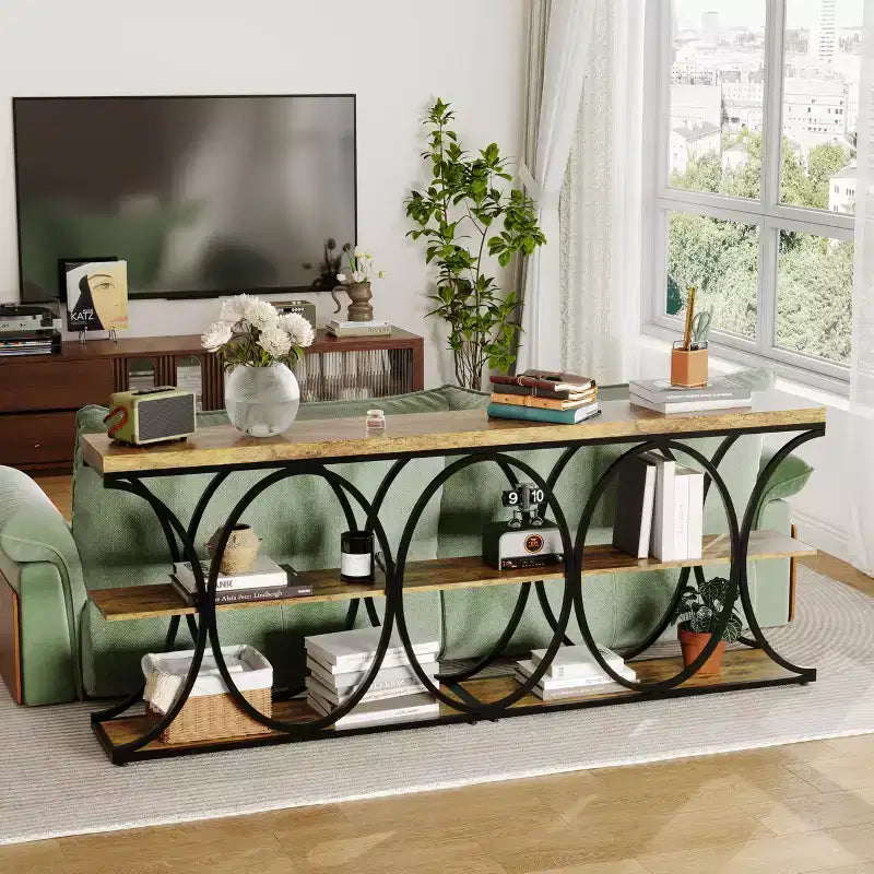 Table console étroite de 99 cm, table de canapé industrielle à 6 niveaux avec base métallique ronde et étagères de rangement, table d'entrée pour salon, couloir