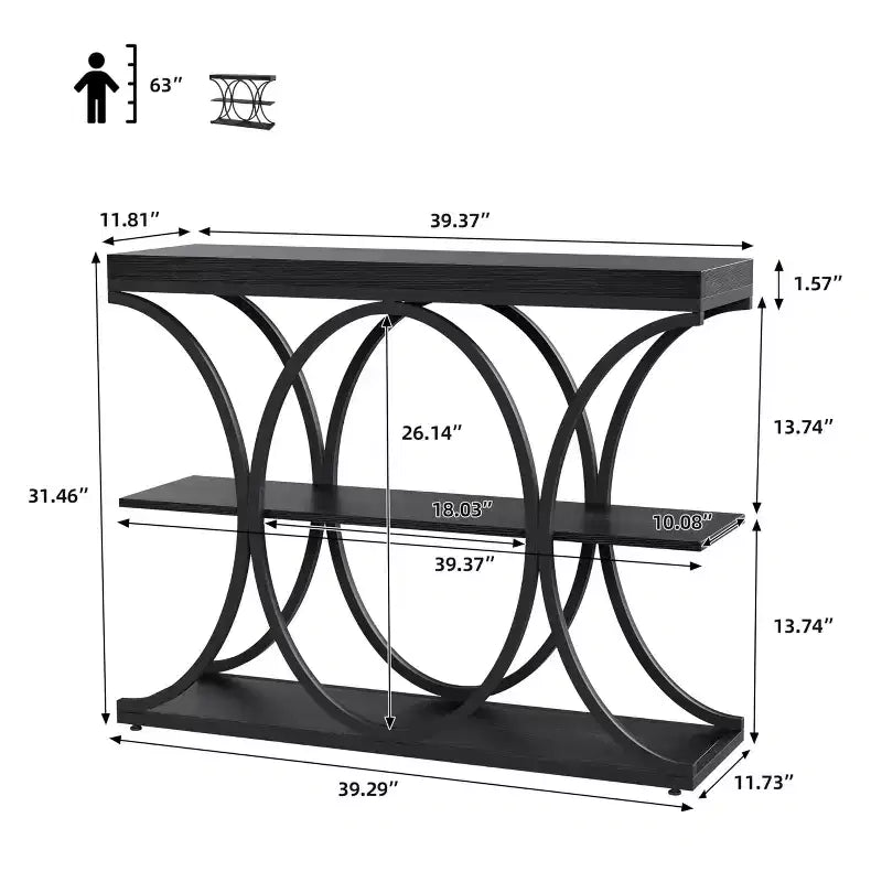 Table console étroite de 99 cm, table de canapé industrielle à 6 niveaux avec base métallique ronde et étagères de rangement, table d'entrée pour salon, couloir
