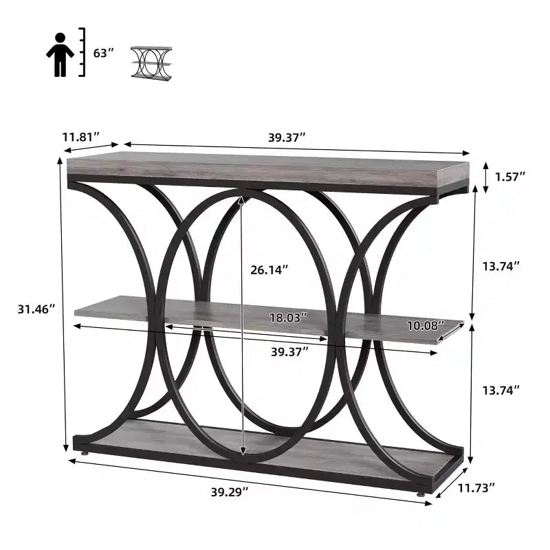Table console étroite de 99 cm, table de canapé industrielle à 6 niveaux avec base métallique ronde et étagères de rangement, table d'entrée pour salon, couloir