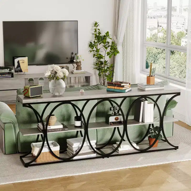 Table console étroite de 99 cm, table de canapé industrielle à 6 niveaux avec base métallique ronde et étagères de rangement, table d'entrée pour salon, couloir