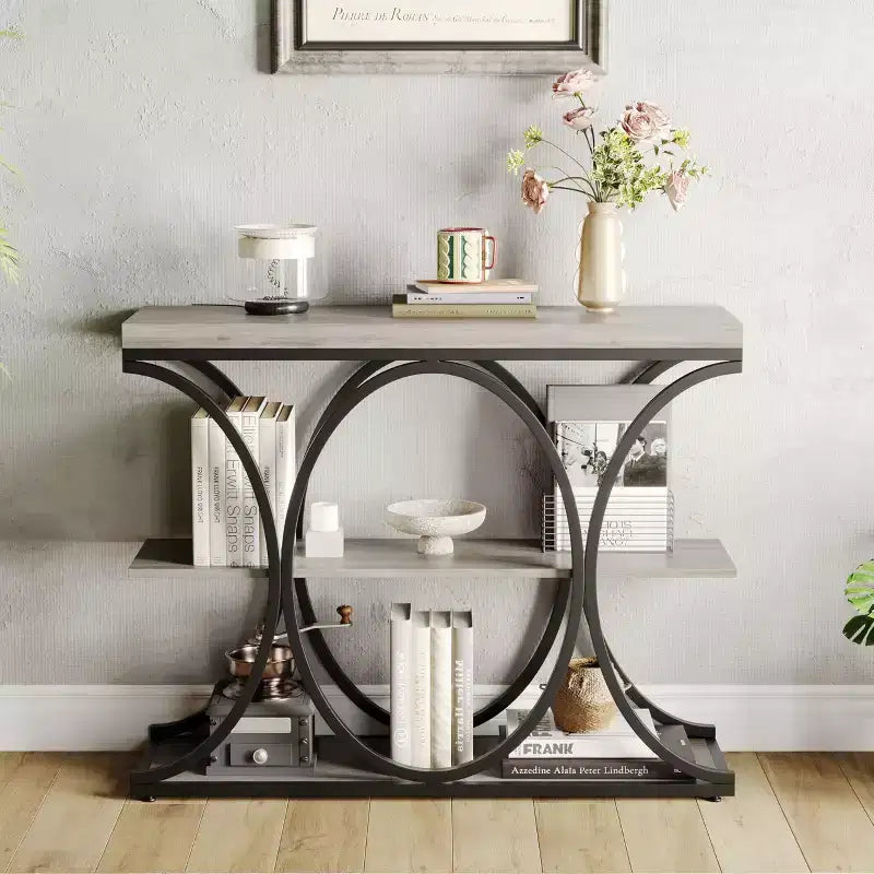 Table console étroite de 99 cm, table de canapé industrielle à 6 niveaux avec base métallique ronde et étagères de rangement, table d'entrée pour salon, couloir