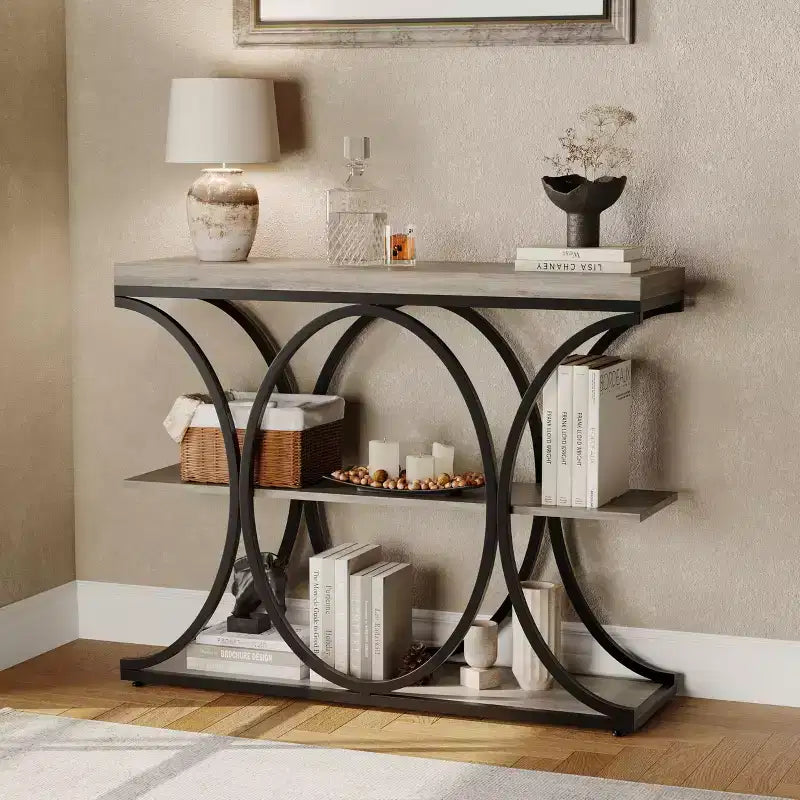 Table console étroite de 99 cm, table de canapé industrielle à 6 niveaux avec base métallique ronde et étagères de rangement, table d'entrée pour salon, couloir
