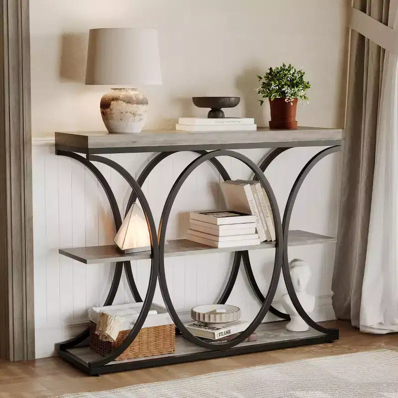 Table console étroite de 99 cm, table de canapé industrielle à 6 niveaux avec base métallique ronde et étagères de rangement, table d'entrée pour salon, couloir