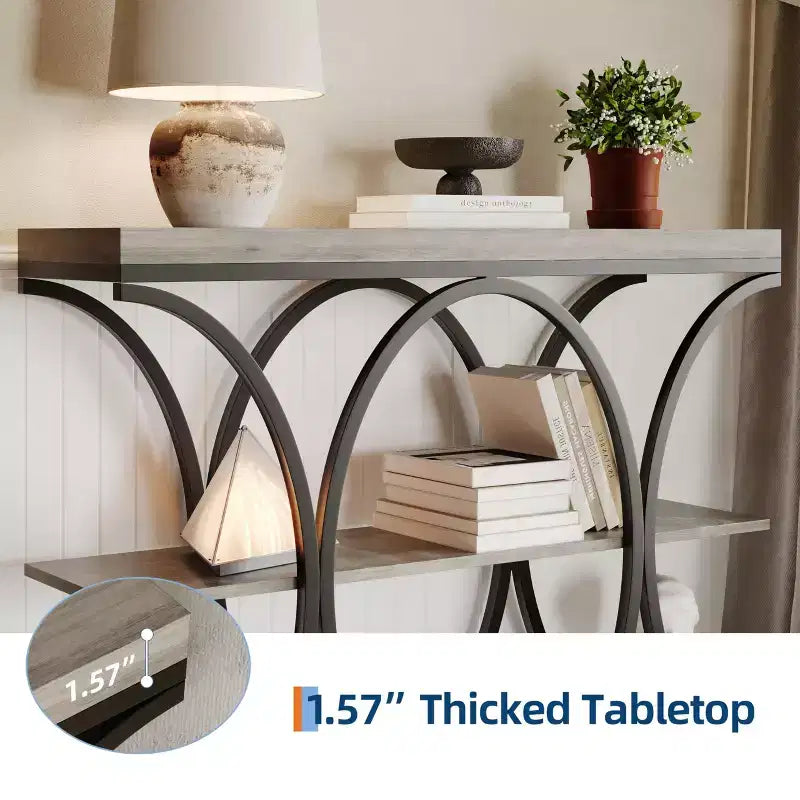 Table console étroite de 99 cm, table de canapé industrielle à 6 niveaux avec base métallique ronde et étagères de rangement, table d'entrée pour salon, couloir