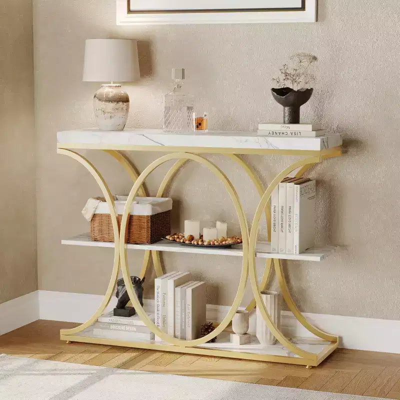 Table console étroite de 99 cm, table de canapé industrielle à 6 niveaux avec base métallique ronde et étagères de rangement, table d'entrée pour salon, couloir