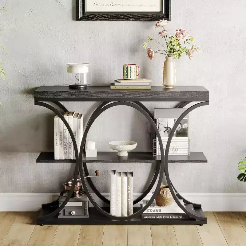 Table console étroite de 99 cm, table de canapé industrielle à 6 niveaux avec base métallique ronde et étagères de rangement, table d'entrée pour salon, couloir