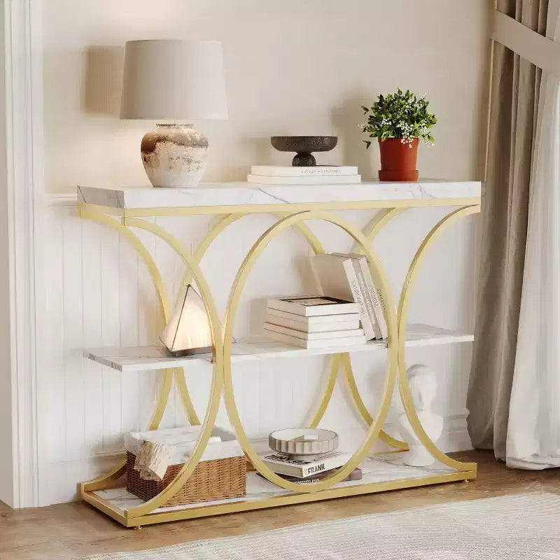 Table console étroite de 99 cm, table de canapé industrielle à 6 niveaux avec base métallique ronde et étagères de rangement, table d'entrée pour salon, couloir