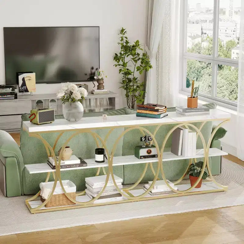 Table console étroite de 99 cm, table de canapé industrielle à 6 niveaux avec base métallique ronde et étagères de rangement, table d'entrée pour salon, couloir