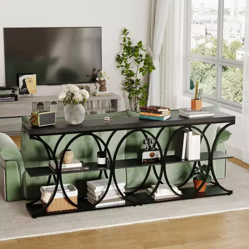 Table console étroite de 99 cm, table de canapé industrielle à 6 niveaux avec base métallique ronde et étagères de rangement, table d'entrée pour salon, couloir