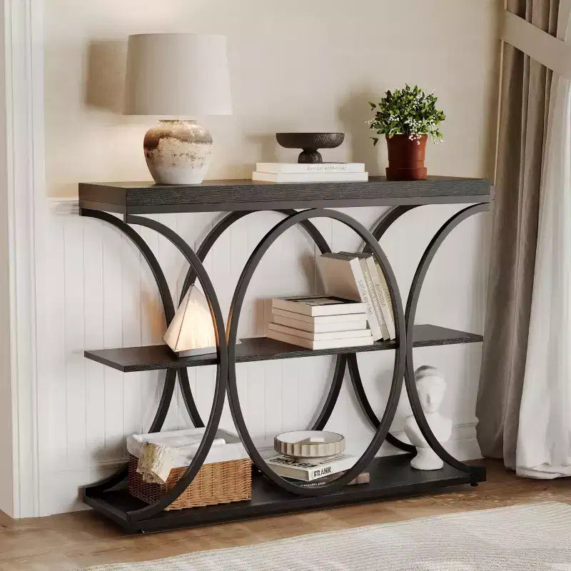 Table console étroite de 99 cm, table de canapé industrielle à 6 niveaux avec base métallique ronde et étagères de rangement, table d'entrée pour salon, couloir