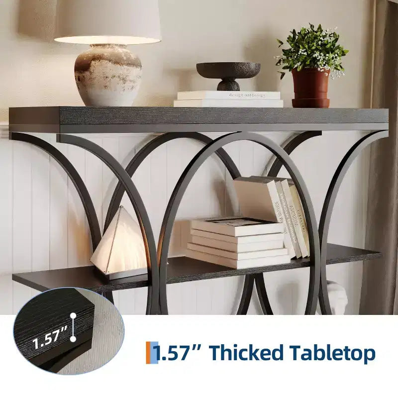 Table console étroite de 99 cm, table de canapé industrielle à 6 niveaux avec base métallique ronde et étagères de rangement, table d'entrée pour salon, couloir