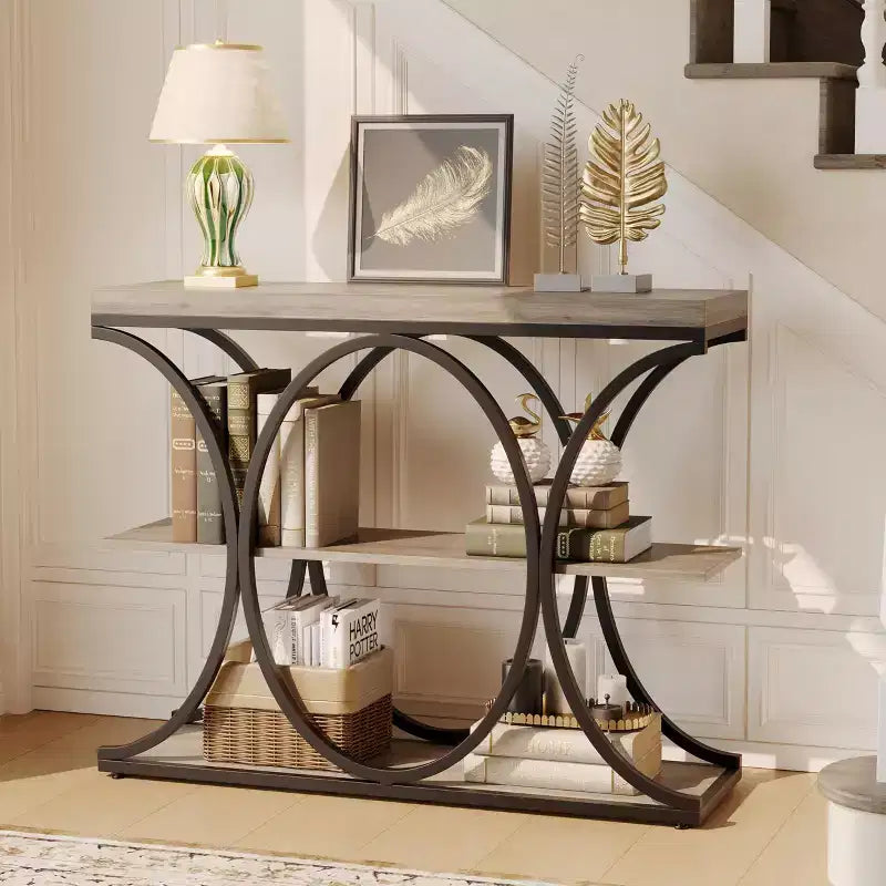 Table console étroite de 99 cm, table de canapé industrielle à 6 niveaux avec base métallique ronde et étagères de rangement, table d'entrée pour salon, couloir