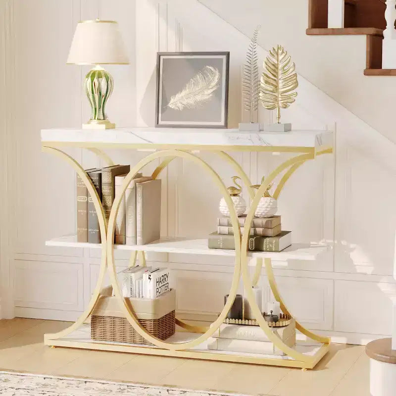 Table console étroite de 99 cm, table de canapé industrielle à 6 niveaux avec base métallique ronde et étagères de rangement, table d'entrée pour salon, couloir