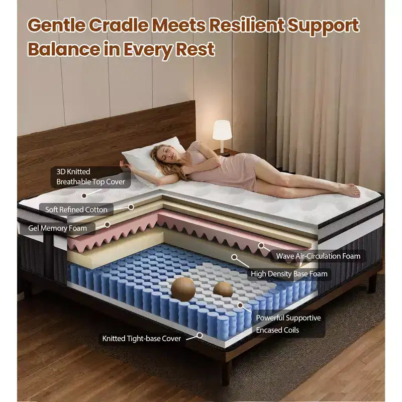 Matelas Queen, matelas en gel de 35,5 cm en boîte, fermeté moyenne, isolation des mouvements, respirant, blanc