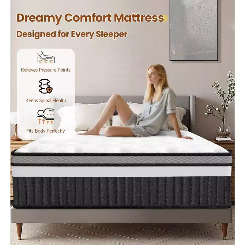 Matelas Queen de 14 po en mousse à mémoire de forme au gel dans une boîte, matelas hybride à ressorts ensachés, fermeté moyenne, blanc