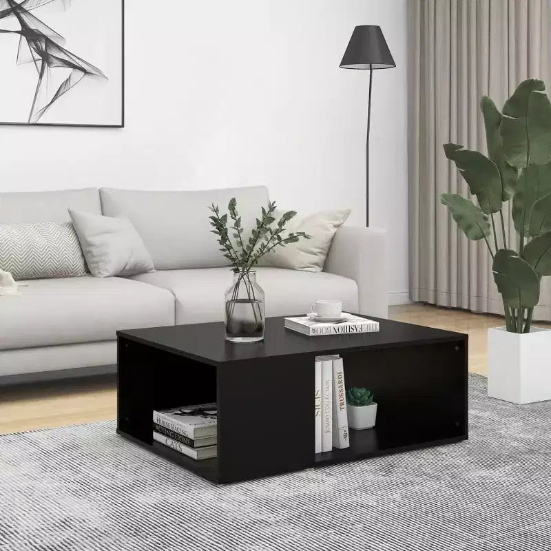 Table basse en bois d'ingénierie noir, taille moyenne, rectangulaire, moderne
