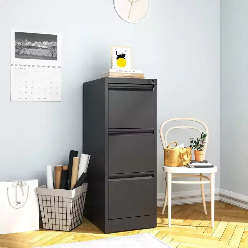 Classeur vertical 3 tiroirs en métal noir avec serrure, armoire de classement en acier pour bureau à domicile, convient aux formats A4/Legal/Lettre